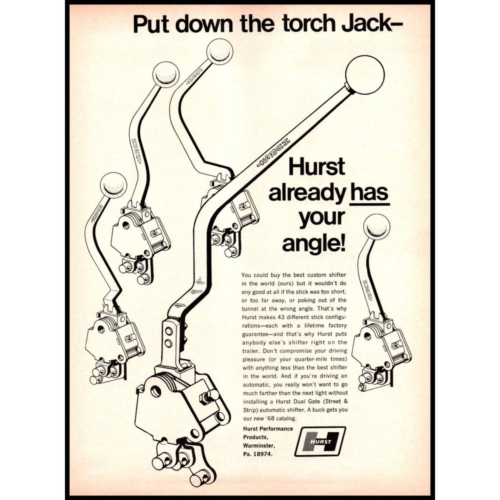 1968 Hurst Performance Shifters Vintage Print Ad Put Down the Torch Wall Art
